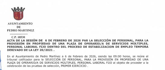 ACTA 06/02/2026 1º EJERCICIO PLAZA OPERARIO/A SERVICIOS MÚLTIPLES PERSONAL LABORAL FIJO, CATEGORÍA OBRAS Y SERVICIOS