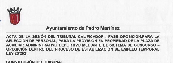 ACTA FASE OPOSICIÓN PLAZA AUX.ADTVO DEPORTIVO. PROPUESTA DE NOMBRAMIENTO. CINCO DÍAS HÁBILES 19/11/2024 A 25/11/2024 PARA RECLAMACIONES.