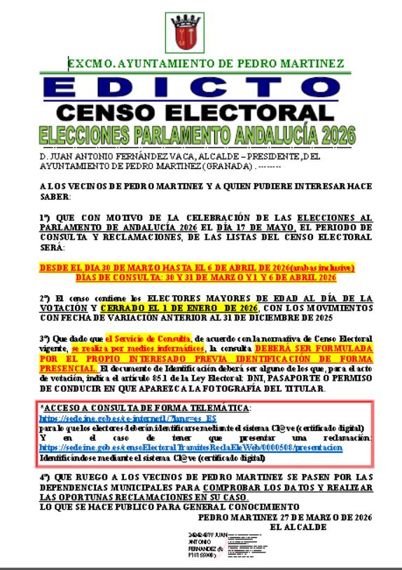 ELECCIONES PARLAMENTO ANDALUCÍA 2026. EXPOSICIÓN CENSO ELECTORAL