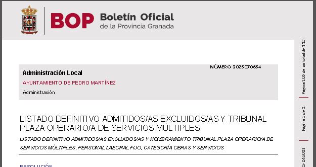 LISTADO DEFINITIVO ADMITIDOS/AS EXCLUIDOS/AS Y NOMBRAMIENTO TRIBUNAL PLAZA OPERARIO/A DE SERVICIOS MÚLTIPLES, PERSONAL LABORAL FIJO, CATEGORÍA OBRAS Y SERVICIOS