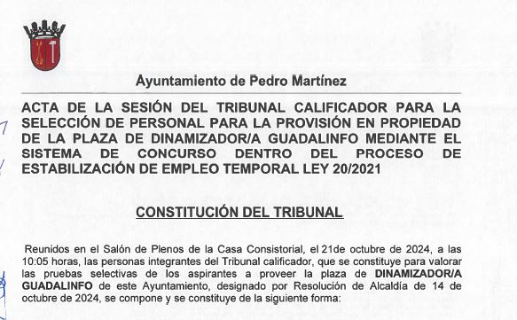 ACTA SESIÓN CONCURSO DINAMIZADOR/A GUADALINFO. Plazo 10 días hábiles (23/10/2024 a 06/11/2024) para poder presentar reclamaciones que estimen oportunas.  