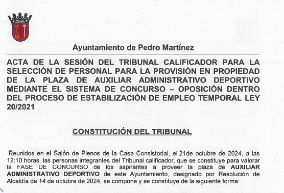 ACTA SESIÓN FASE CONCURSO AUXILIAR ADMINISTRATIVO DEPORTIVO. Plazo 3 días hábiles (23/10/2024 a 25/10/2024) para poder presentar reclamaciones que estimen oportunas, sin que sea admisible la presentación de nuevos documentos por parte de los aspirantes. Se publicará lista definitiva con el lugar y hora de realización de la fase de oposición, debiendo preavisarse con una antelación mínima de tres días hábiles.